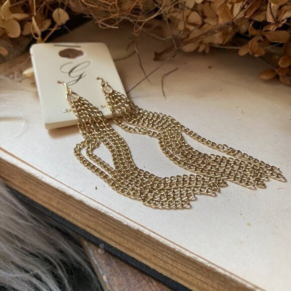 Brand New Chain Fringe Long Gold Tone Earrings